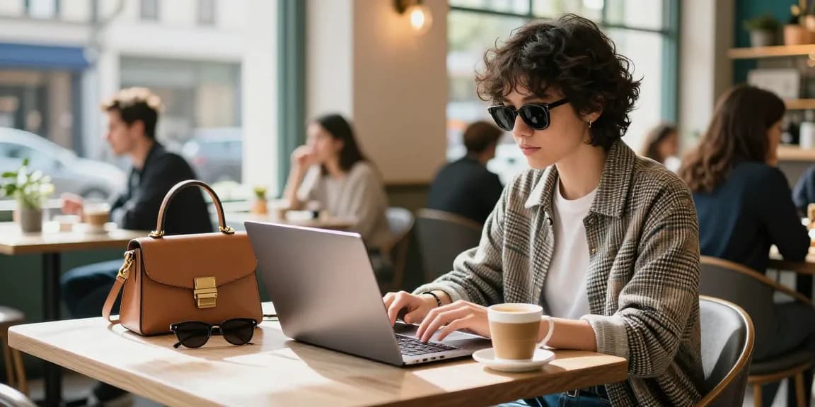 Person engaging with fashion online at https://shs-dome5.com/ in a vibrant cafe atmosphere.