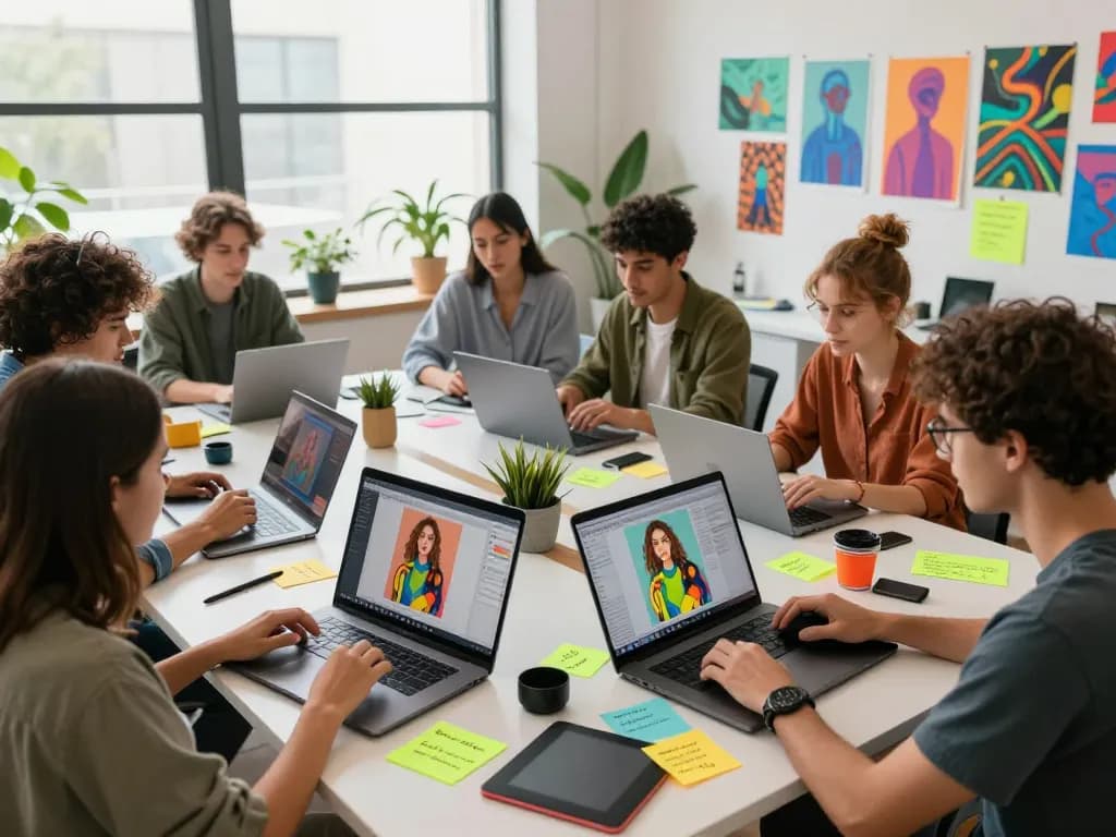 Artists collaborating in a vibrant studio using the nano banana AI image editor to generate creative visuals.