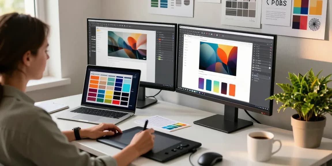 Discover snipaste下载 in action at a creative workspace, featuring dual monitors with vibrant designs and essential design tools.