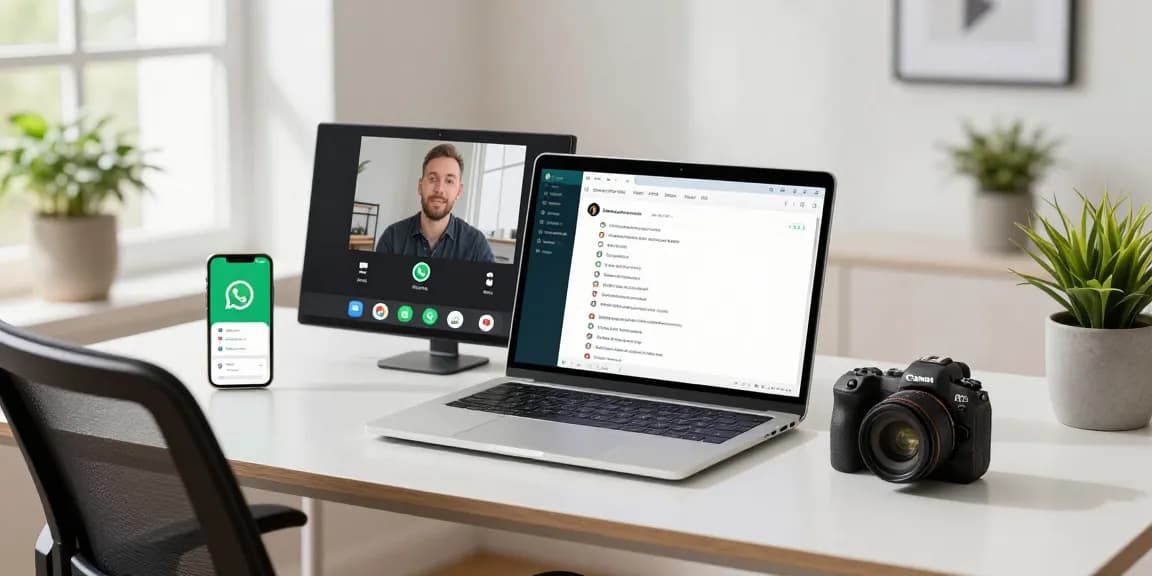 Engaging home office showing WhatsApp電腦版 on laptop with vibrant workspace elements.