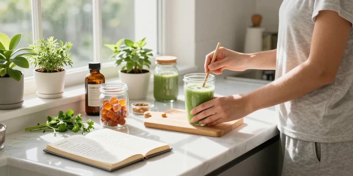 CBD edibles preparation in a bright kitchen with natural ingredients and wellness items, promoting organic health.