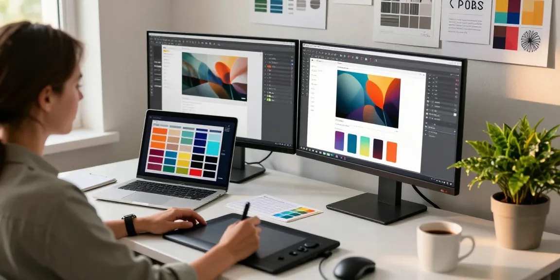 Discover snipaste下载 in action at a creative workspace, featuring dual monitors with vibrant designs and essential design tools.