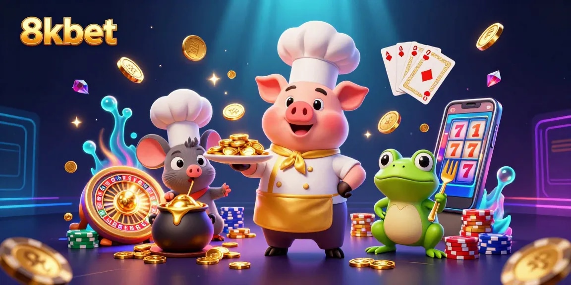 Experience winnings with 8kbet through engaging casino games featuring lively characters and gold coins.