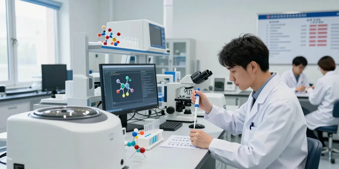 Dedicated researcher in a lab focusing on reta peptide research and peptide sample analysis.
