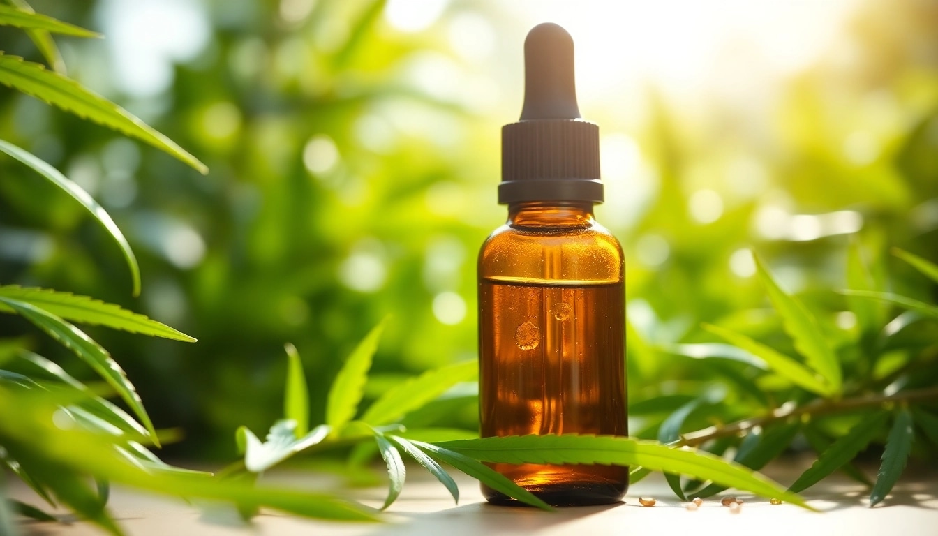 Showcase CBD oil bottle enhanced by natural leaves in a serene wellness setting.