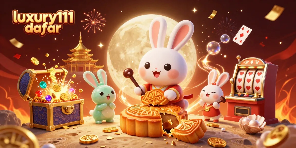 Experience luxury111 daftar with a vibrant 3D rabbit-themed casino scene packed with gold coins and jackpot bursts.