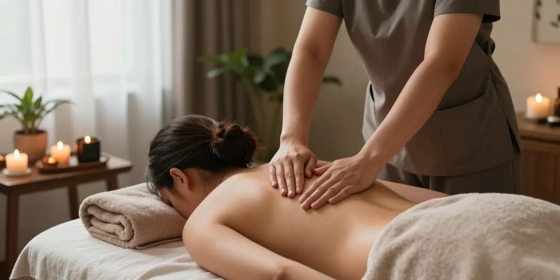 Relaxing 스웨디시 massage session in a tranquil spa environment with soothing oils and soft light.