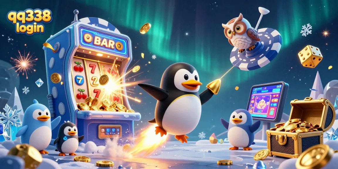 Experience the thrill of qq338 login for exciting online gaming with a golden penguin and casino space station.