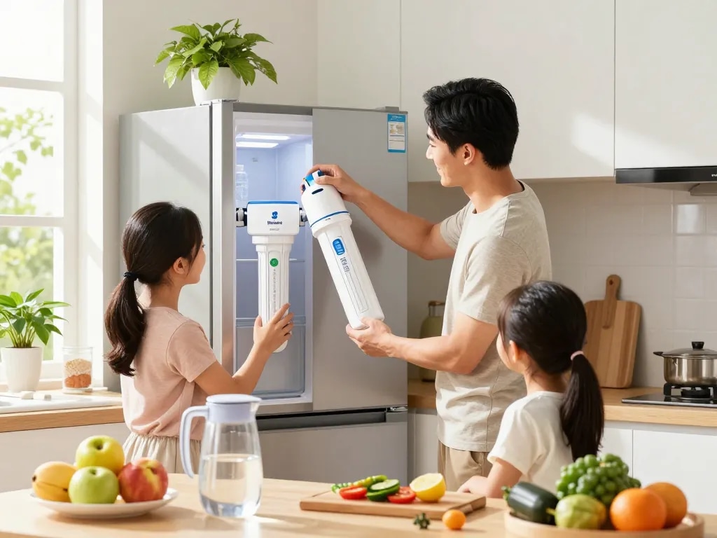 Family replacing the Waterdrop ADQ73613401 Refrigerator Water Filter in a bright kitchen, emphasizing health and freshness.