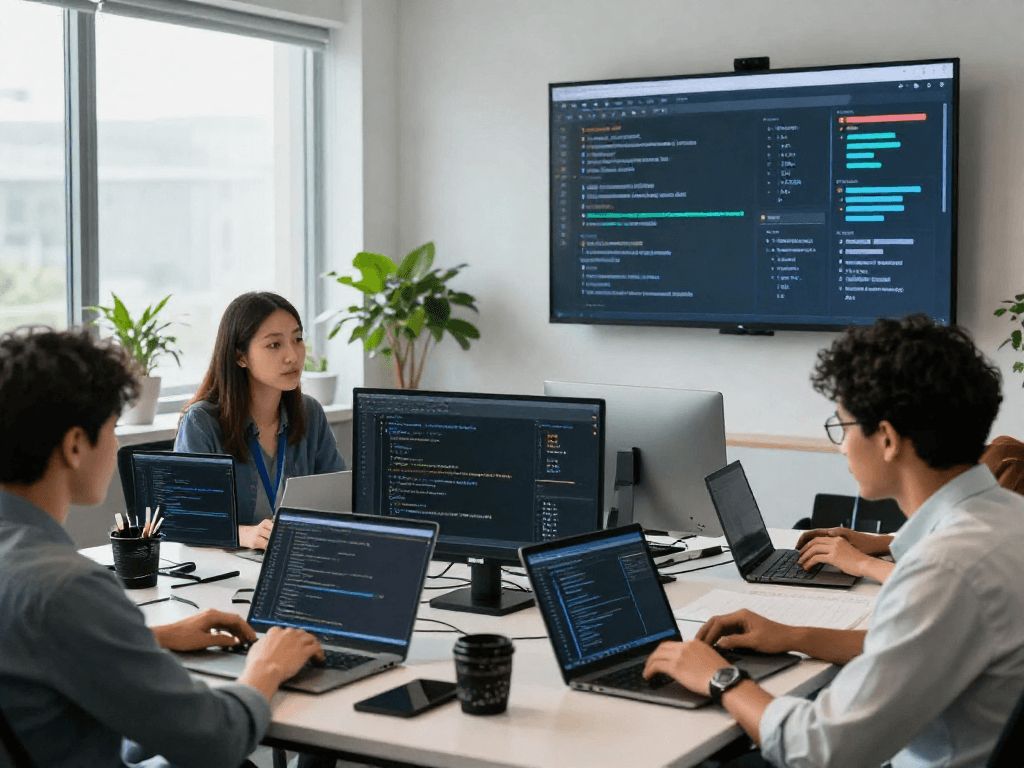 Team analyzing data with an ai detector for content moderation in a modern office.