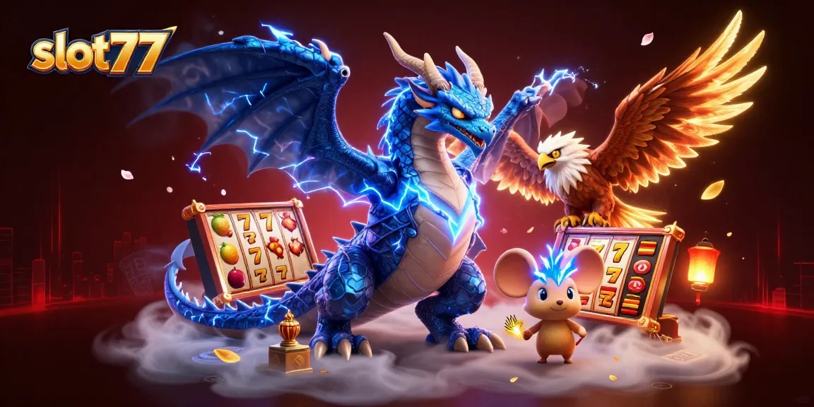 Engage with slot77 adventures featuring iconic slot reels and dynamic characters in a thrilling casino scene.