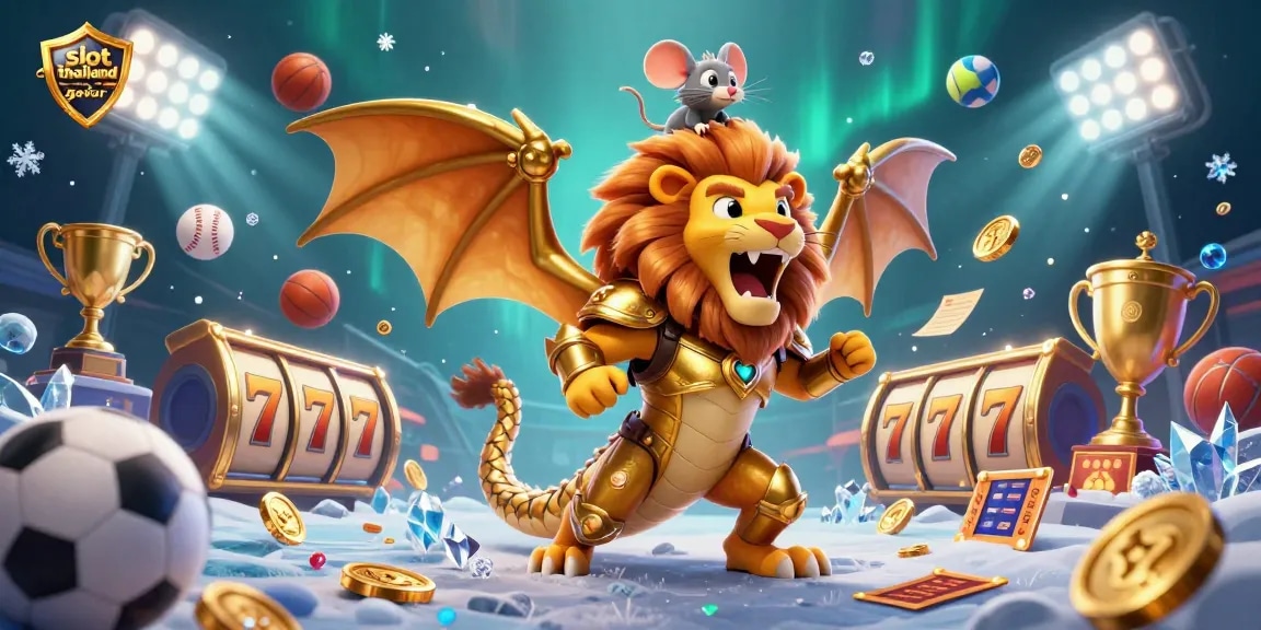 Spin the reels with slot thailand gacor, featuring a vibrant chimera creature and dynamic casino elements.