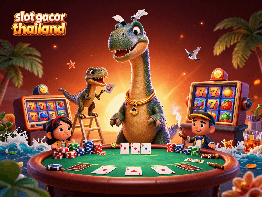 Experience slot gacor thailand with playful cartoon dinosaurs in a vibrant casino scene.