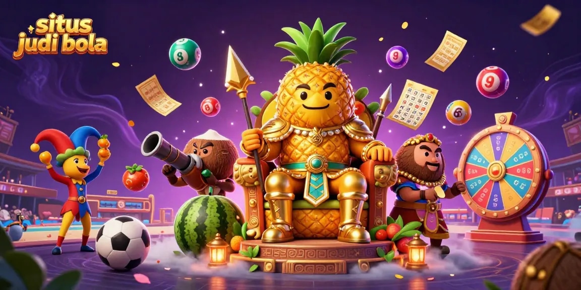 Situs judi bola showcases a vibrant scene with a pineapple king and dynamic gambling elements.