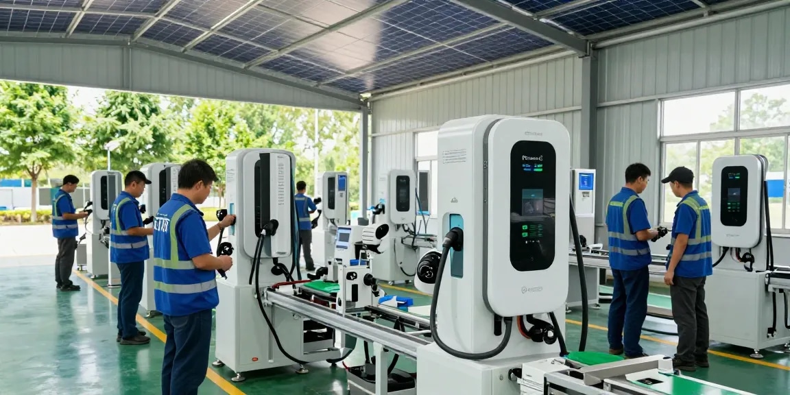 Portable EV charger factory showcasing technicians assembling innovative EV chargers in a sustainable environment.