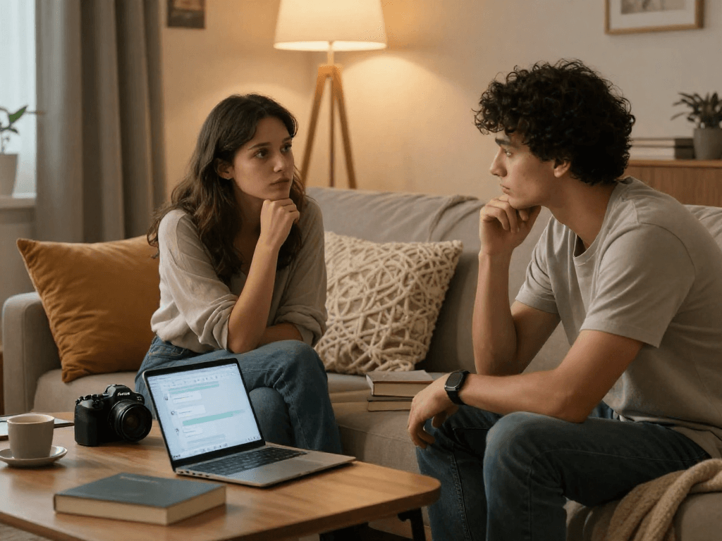 Engaging in a sex AI chat, individuals share intimate moments in a cozy living room.