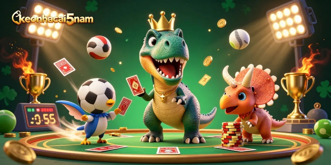 Engage in thrilling sports betting with the lively keonhacai5nam scene featuring a T-Rex and friends!
