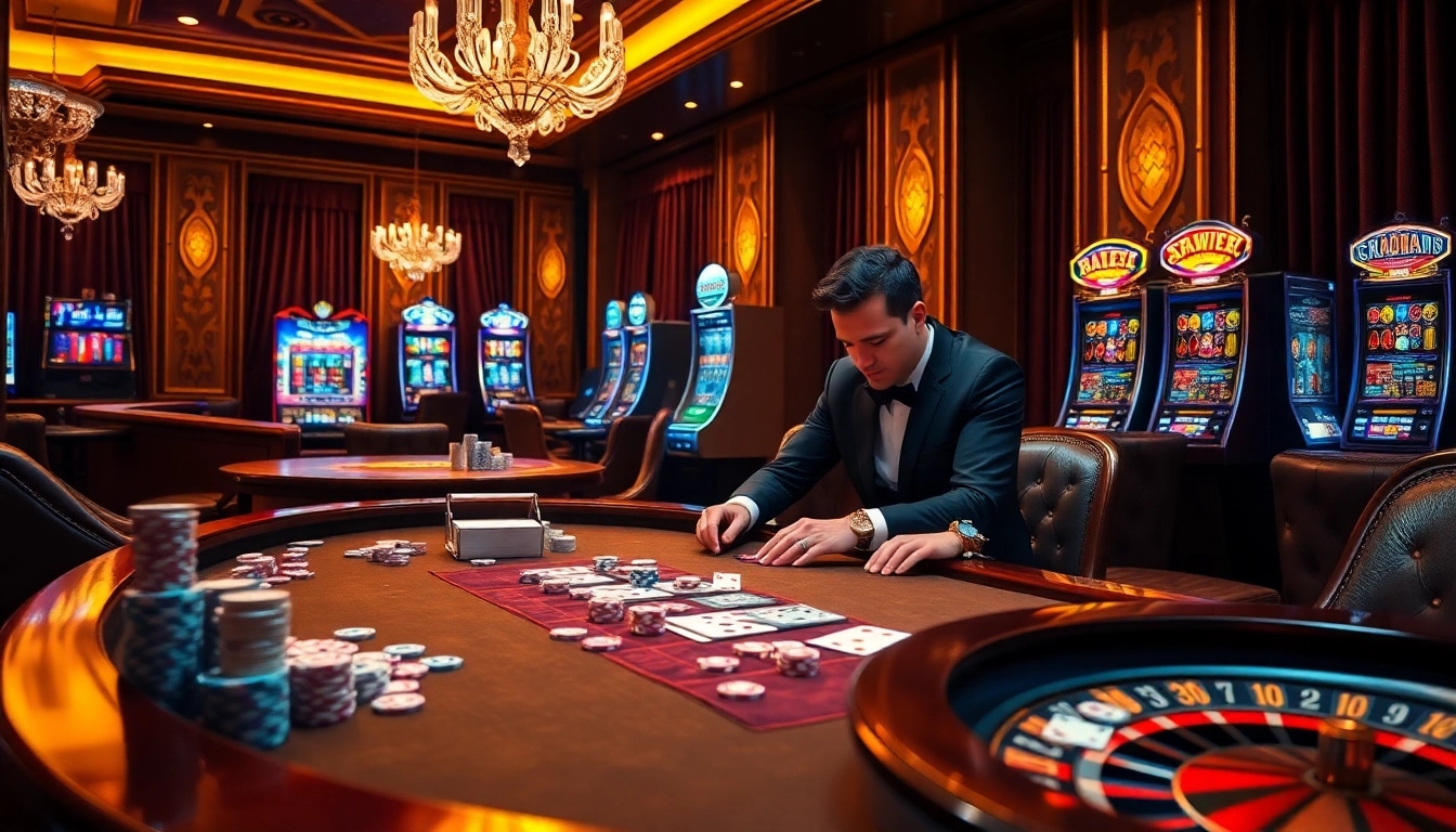 Experience the thrill of 555win at a luxurious casino table with poker chips and cards.