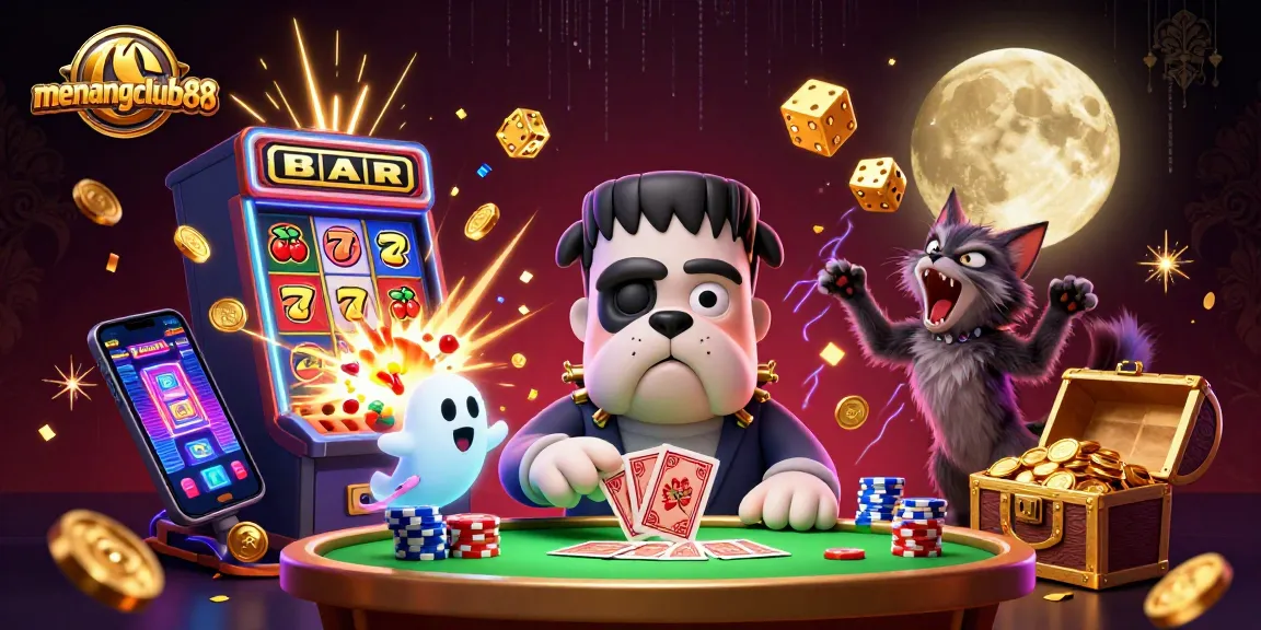 Experience winning thrills at menangclub88 with a vibrant 3D casino illustration of a bulldog dealer and a ghostly mouse.