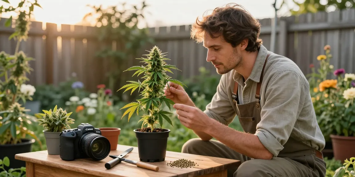 Gardener examining CBD cannabis seeds in a serene garden.