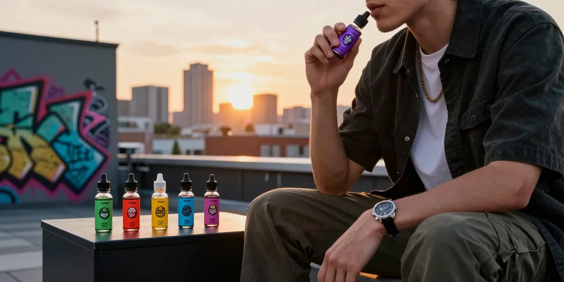 Person enjoying THC vape Jungle Boys e-liquid on a colorful rooftop terrace with city skyline in the background.