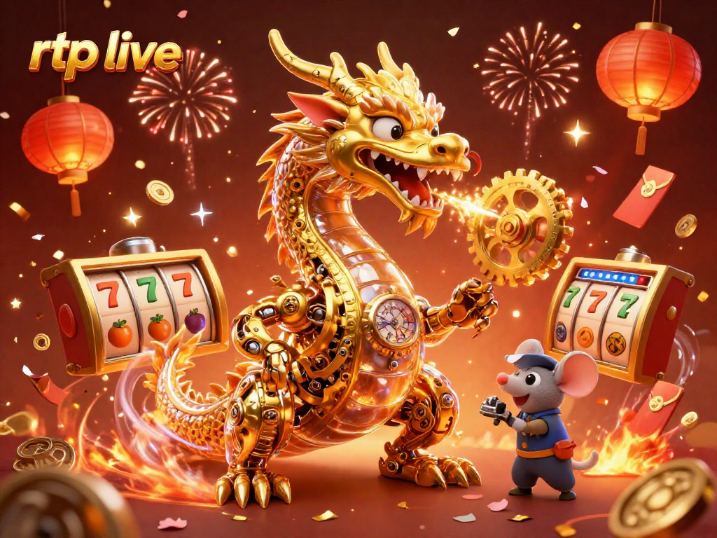 Engage with rtp live as you spin the reels with a dragon and mouse engineer in a vibrant casino scene.