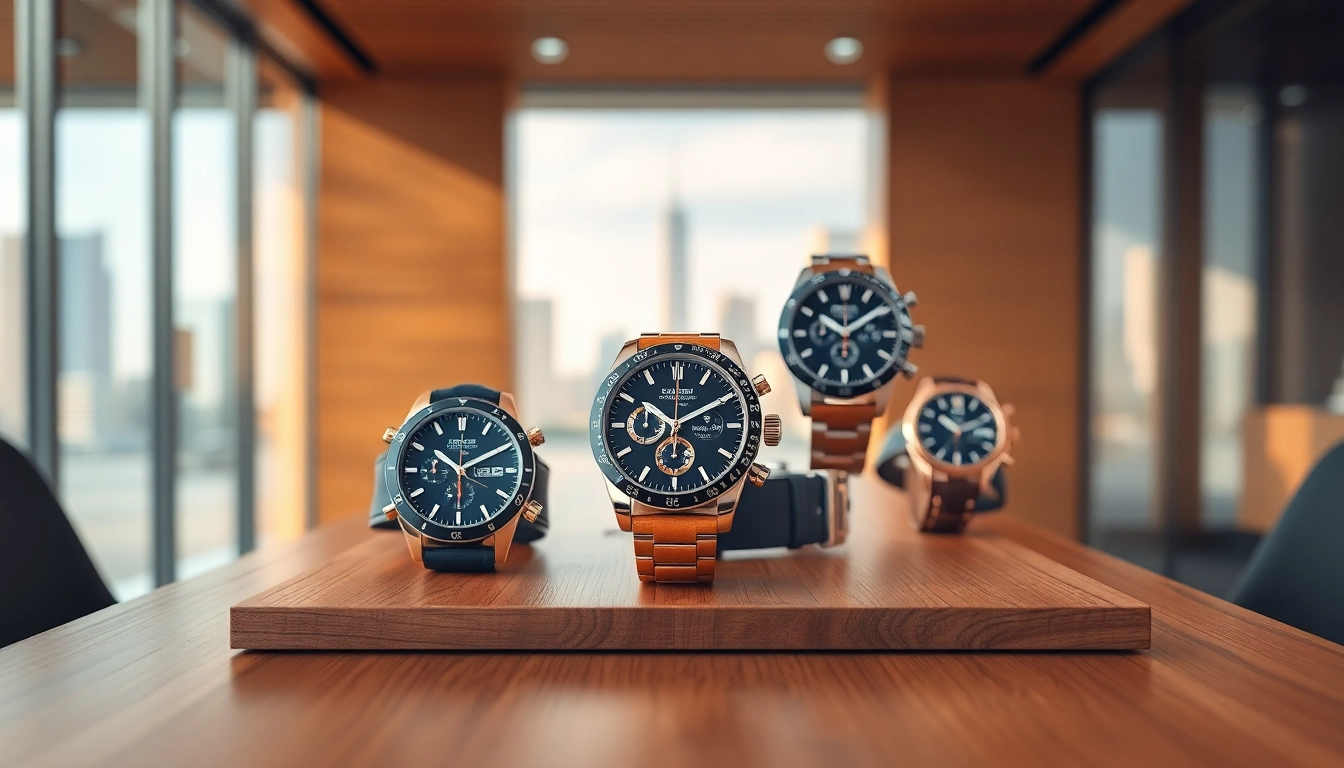 Showcase of premium super clone watches on a stylish wooden desk.