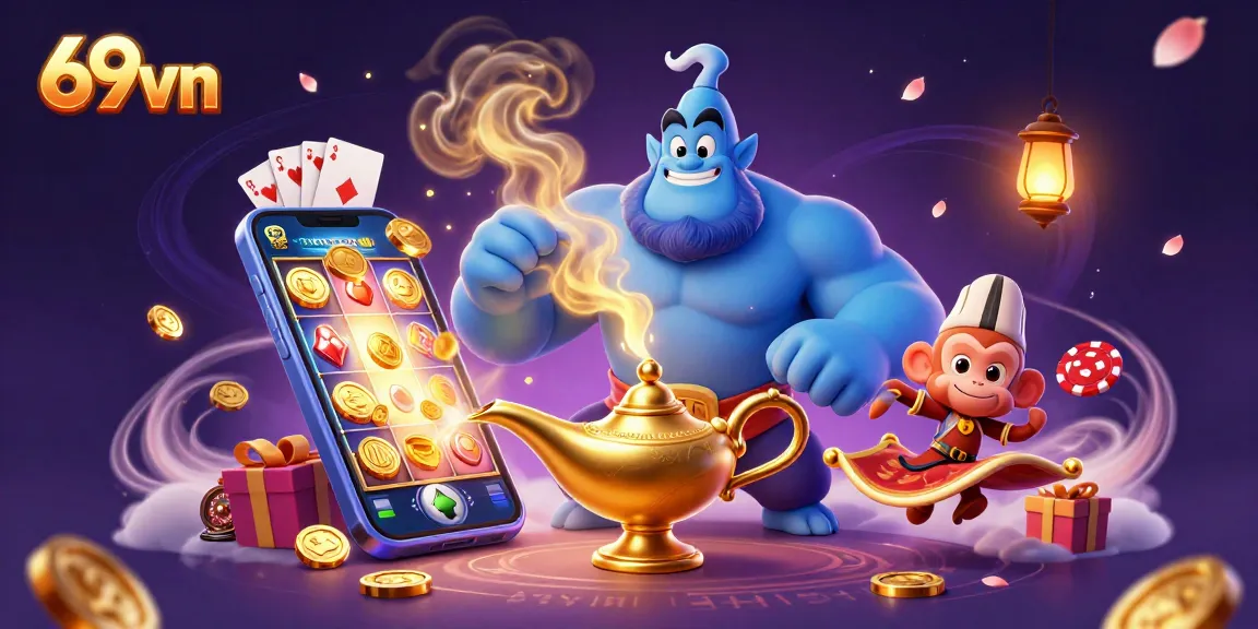 Experience winning moments with 69vn's vibrant casino adventures featuring a magical genie.