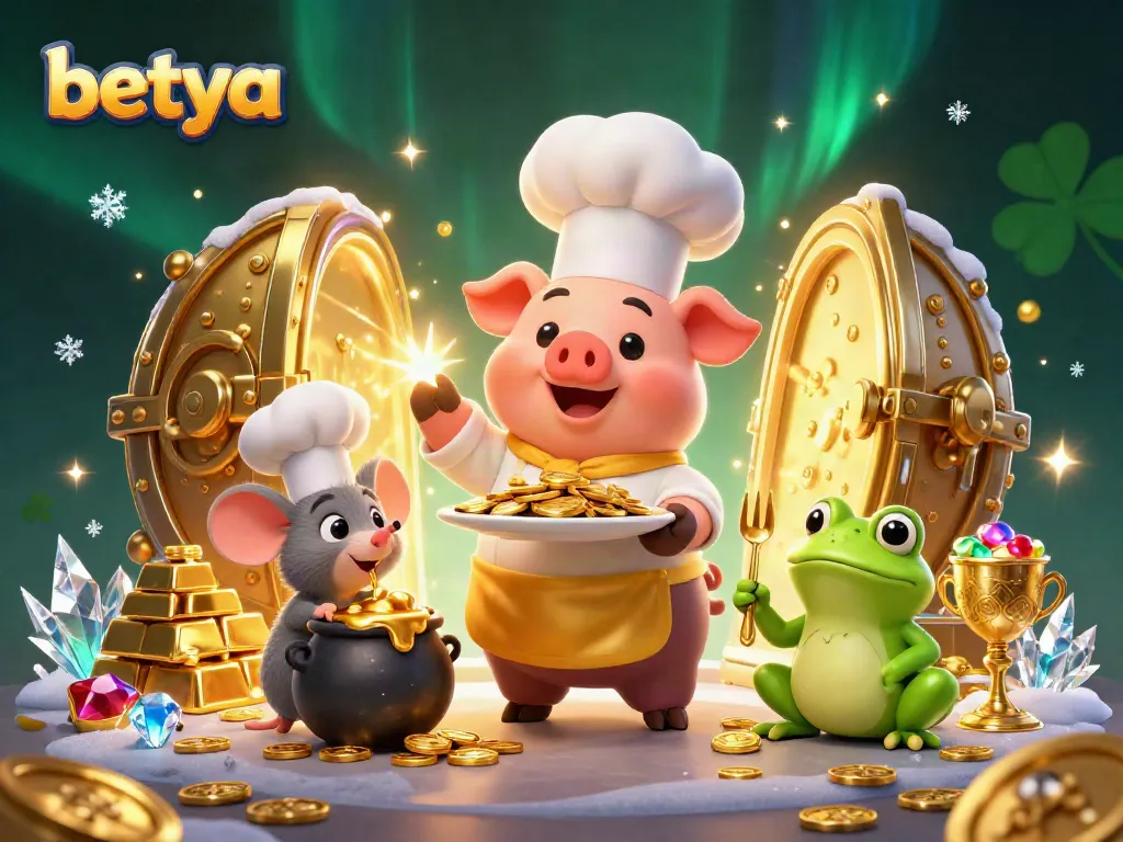 Betya showcases a vibrant scene of fortune, highlighting a chef pig serving up gold coins surrounded by glittering treasures.