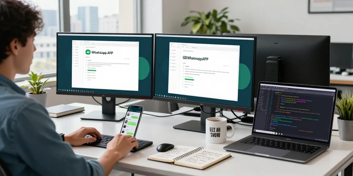 Developer using the GB WhatsApp APK on multiple screens in a bright, modern workspace