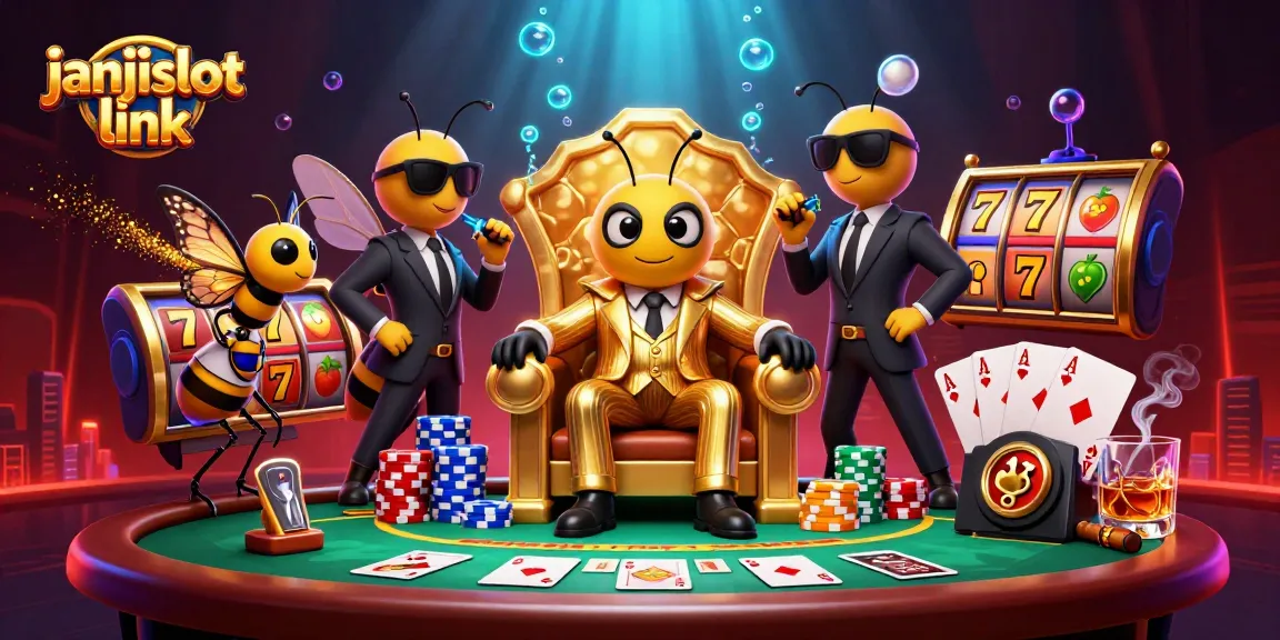 Engage with the janjislot link in an exciting casino scene featuring a cartoon bumblebee mob boss.
