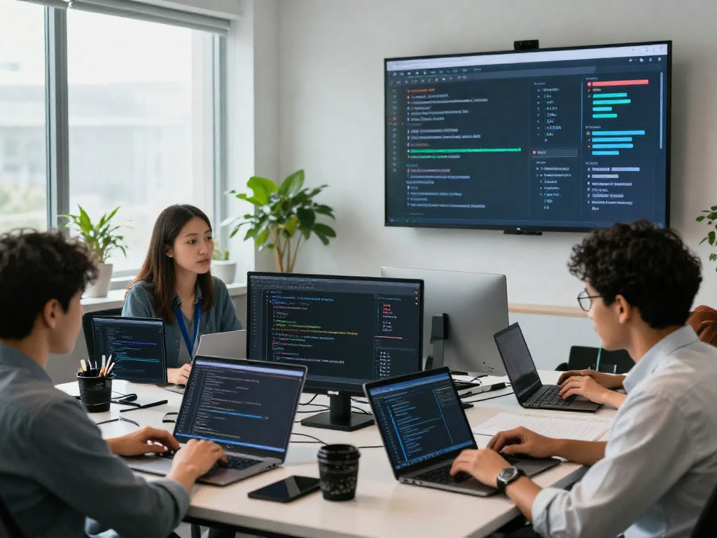 Team analyzing data with an ai detector for content moderation in a modern office.