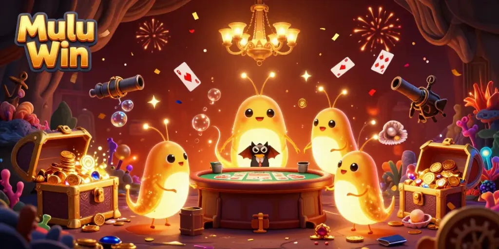 Experience the thrill of Mulu Win with glowing cartoon glowworms illuminating a vibrant casino scene, showcasing fun games and excitement.