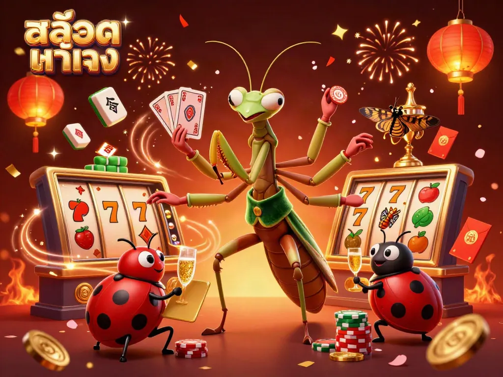 Experience the thrill of אמתสล็อตออนไลน์ with 3D cartoon characters in a vibrant casino setting, showcasing slot reels and festive decorations.