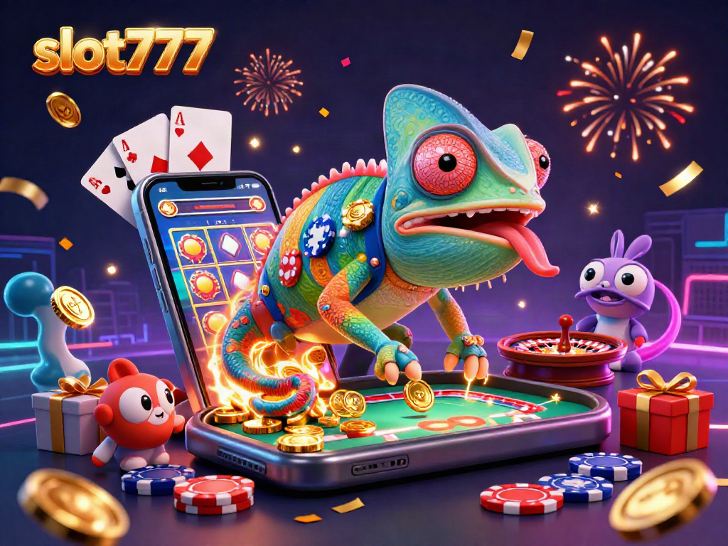 Permainan slot777 yang menarik dengan koin emas terbang dan karakter kasino yang ceria.