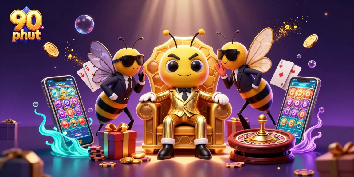 Engaging 90 phut casino illustration featuring bumblebee mob boss and animated gaming elements, perfect for online gambling promotions.