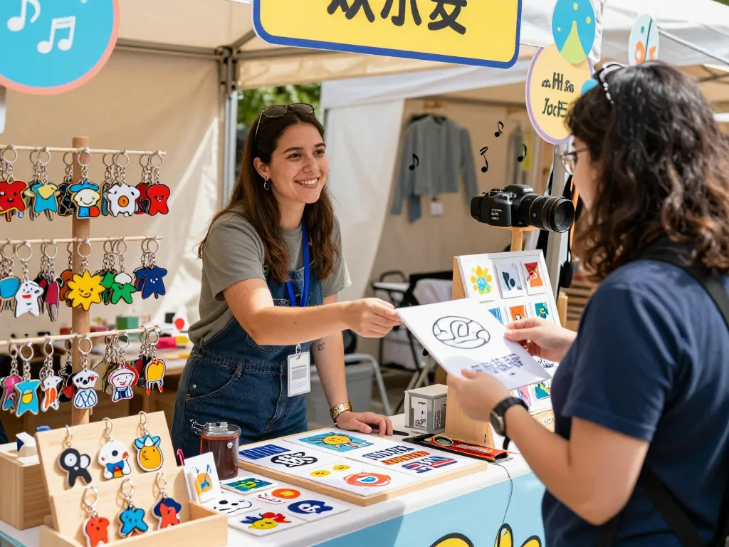 Engaging shopping experience with customized key chains displayed at a vibrant market stall, showcasing colorful designs.