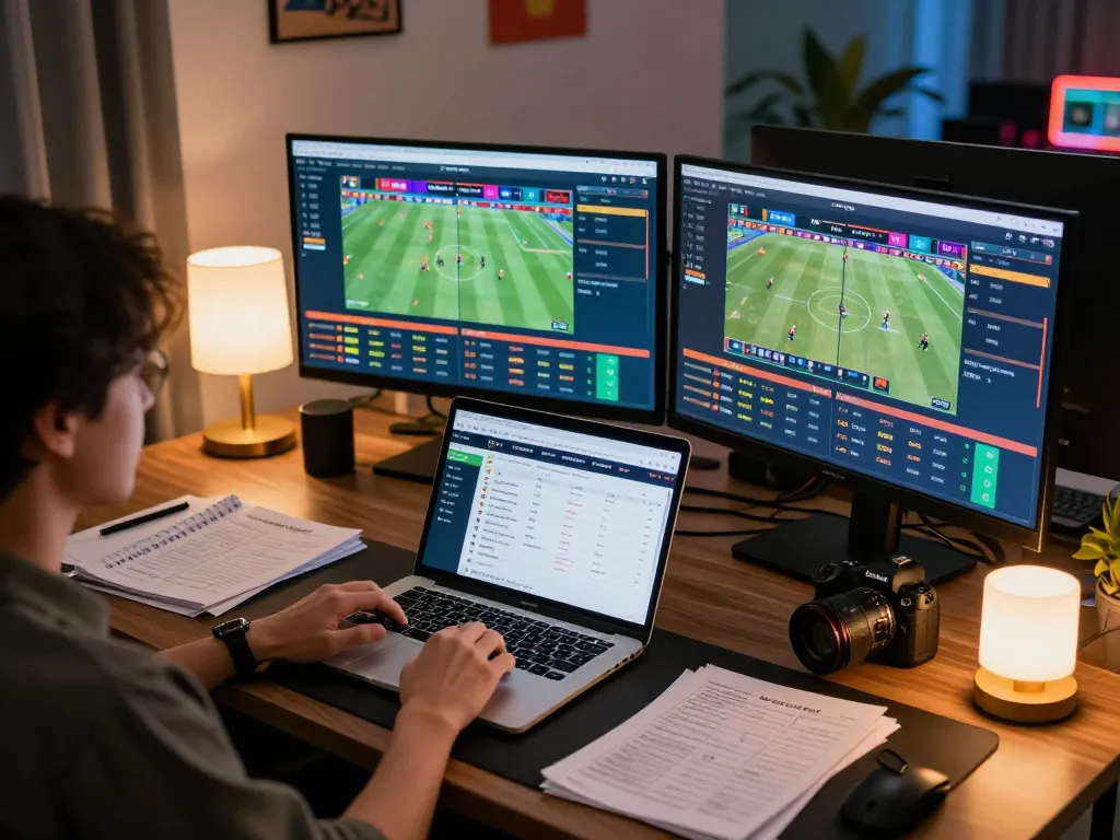 Enjoying strategic sports betting on keo nha cai with a modern online setup and multiple screens.