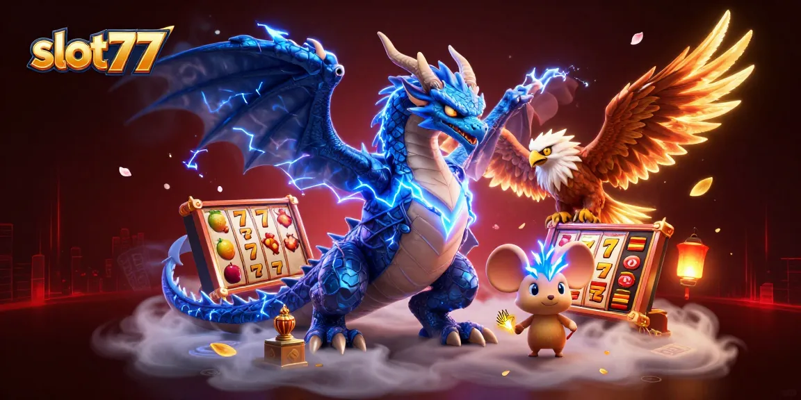 Engage with slot77 adventures featuring iconic slot reels and dynamic characters in a thrilling casino scene.