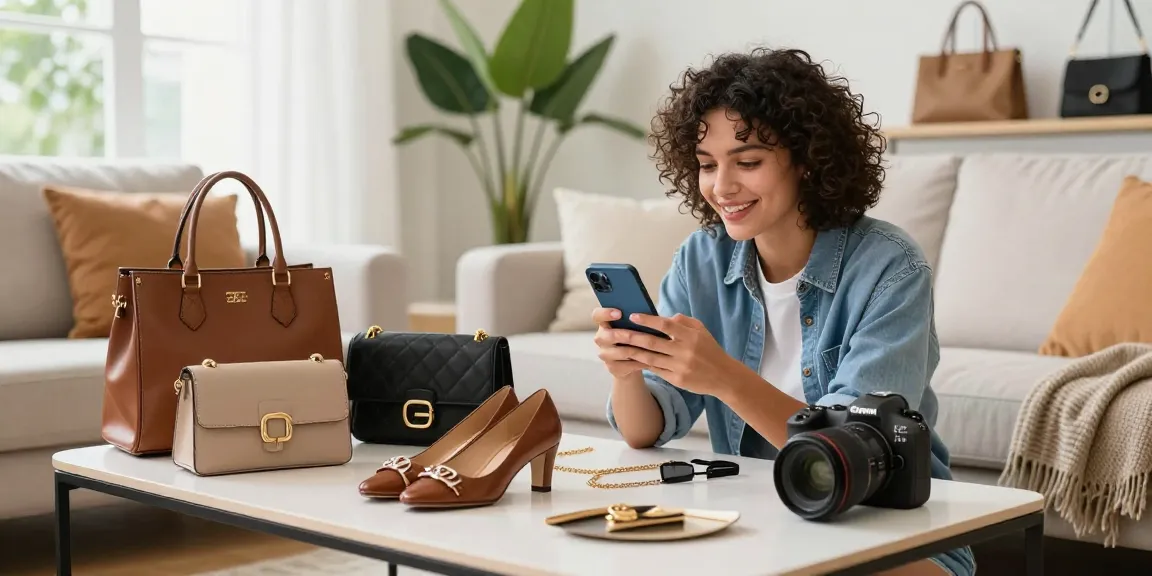 Browsing a stylish 레플리카 쇼핑몰 on a smartphone surrounded by trendy fashion items in a bright living room.