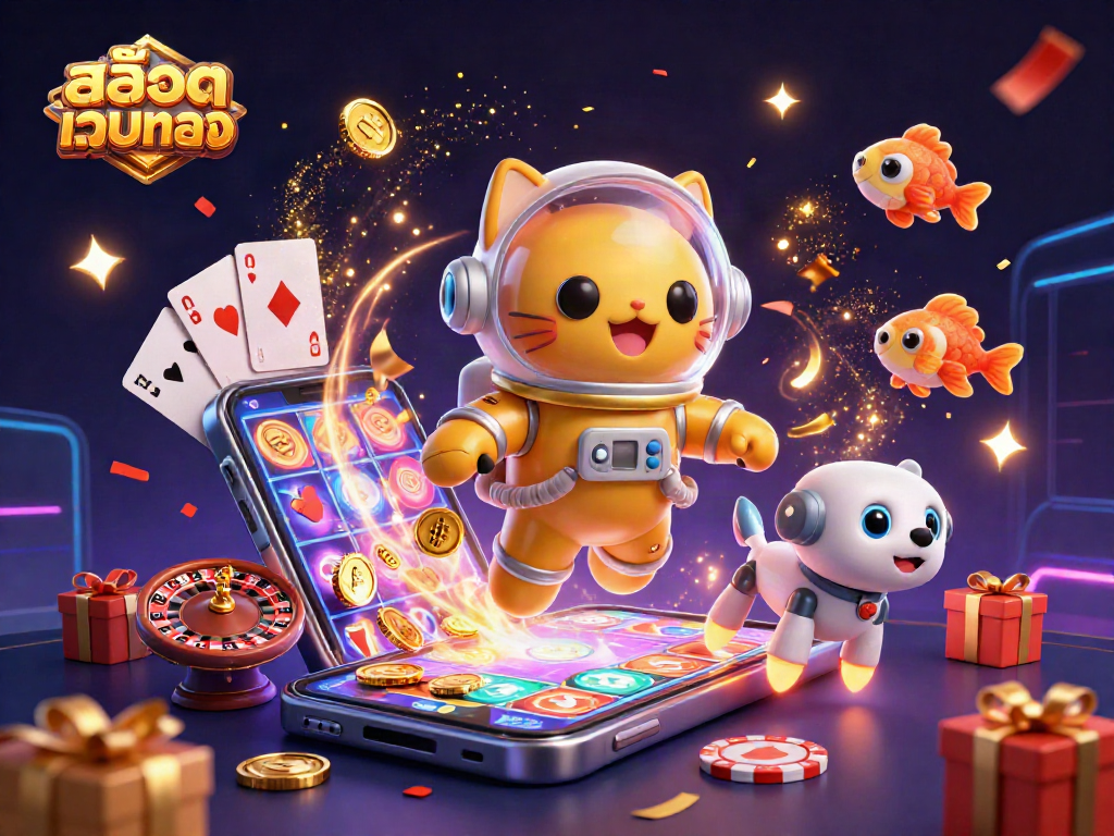 Experience สล็อตเว็บตรง with an exciting 3D illustration of characters and casino elements bursting with energy.