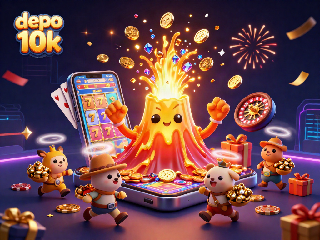 Spin and win with depo 10k as golden volcano erupts treasure in a vibrant casino scene.