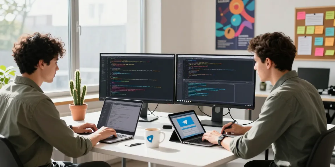 Collaborative tech workspace with programmers reviewing telegram中文版下载 on laptop and monitor.