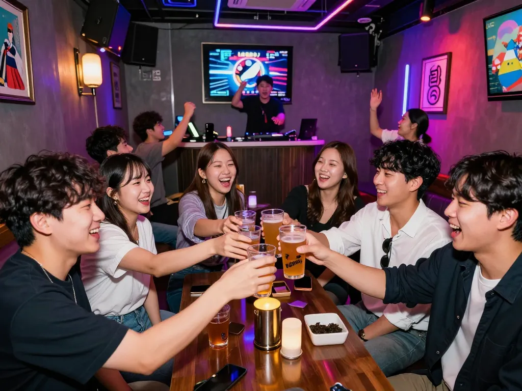Experience 제주유흥 at a lively karaoke bar in Jeju Island, where friends enjoy drinks and music.