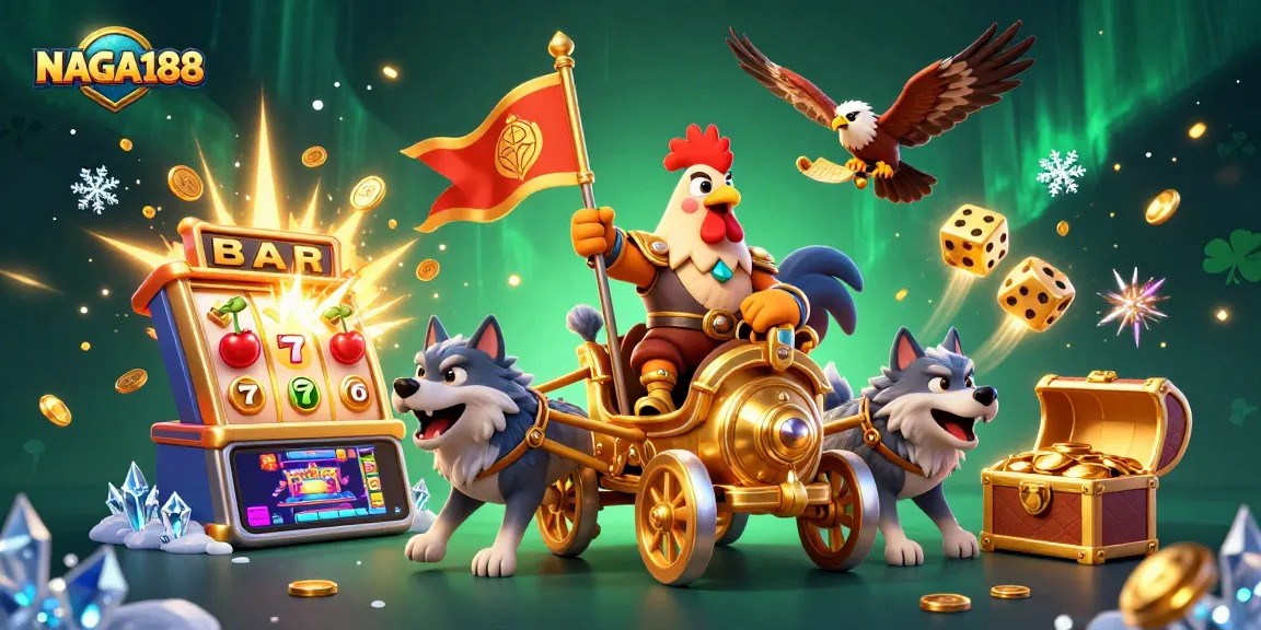 NAGA188 hadir dengan ilustrasi menarik di dunia kasino dengan simbol slot, dadu emas, dan lampu keemasan.