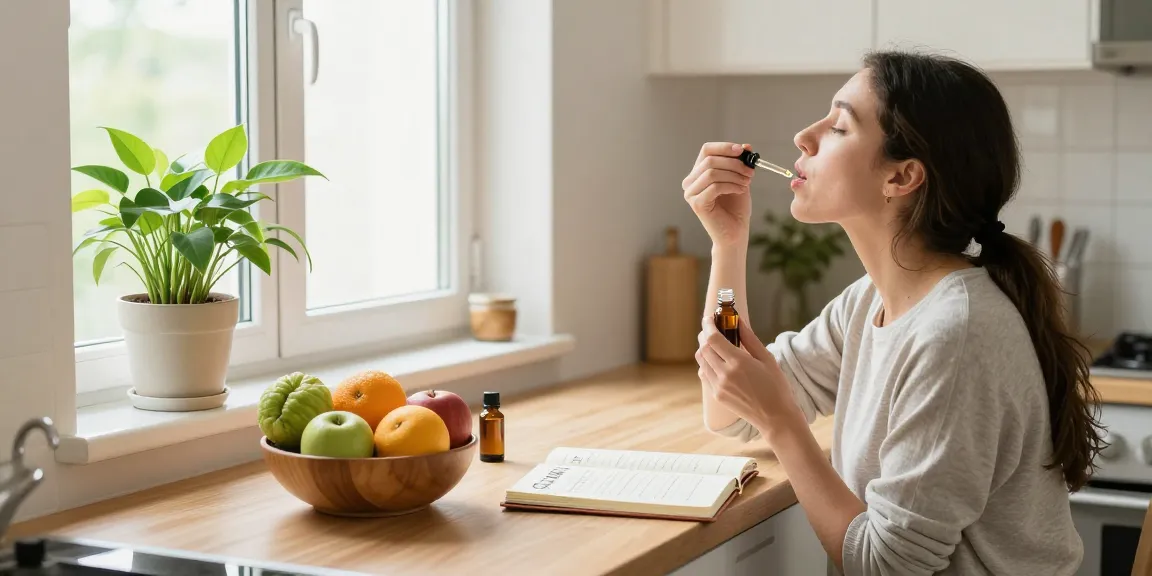 tomando aceite de cbd online en una cocina iluminada de forma natural, momentos de bienestar y autenticidad.
