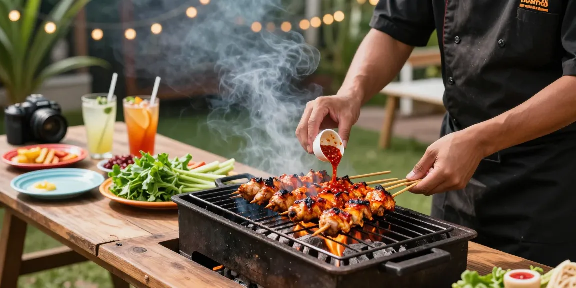 Grilling delicious ayam bakar with rokok88 sambal rawit in vibrant outdoor scene.