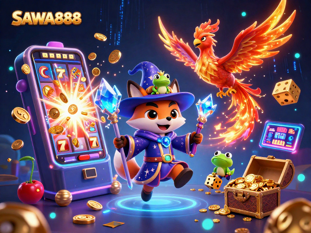 Experience the excitement of SAWA888 with vibrant characters and stunning casino game elements.