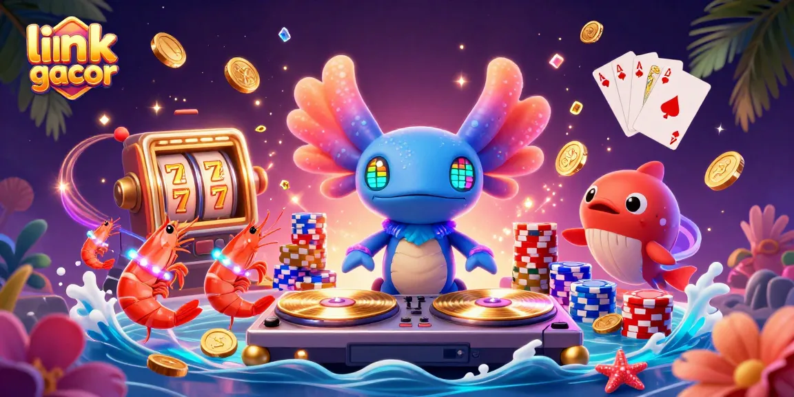 Engage with link slot gacor in a vibrant 3D illustration featuring a DJ axolotl, lucky slot reels, and dancing shrimp.