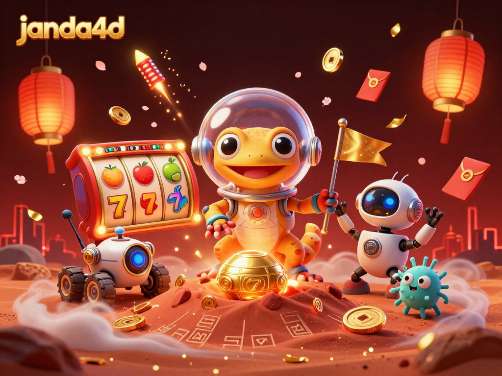 Experience excitement with janda4d in this vibrant casino scene featuring alien characters and games.